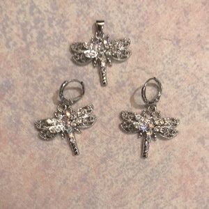 Silver dragonfly pendant and earring set